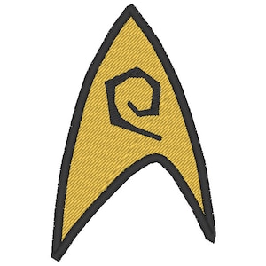 May include: A gold embroidered patch in the shape of a stylised starfleet delta with a black outline. The centre of the patch features a black embroidered spiral.