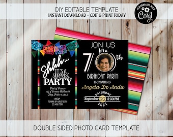 シーッ、サプライズパーティーの誕生日招待状です。サプライズ誕生日招待状、70歳の誕生日の写真。シーッ、ダウンロード。フィエスタバースデーメキシカンテーマ