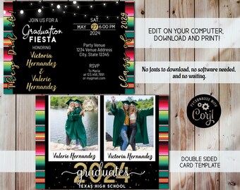 卒業パーティー招待状テンプレート、印刷可能なダブル卒業発表、印刷またはデジタルパーティー招待状、卒業フィエスタパーティーテーマ