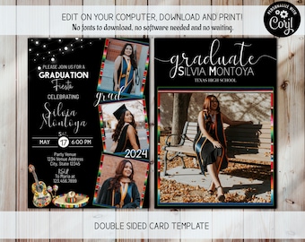 編集可能な写真付きフィエスタ卒業パーティー招待状、印刷可能なメキシコ卒業招待状テンプレート、2024年度卒業招待状