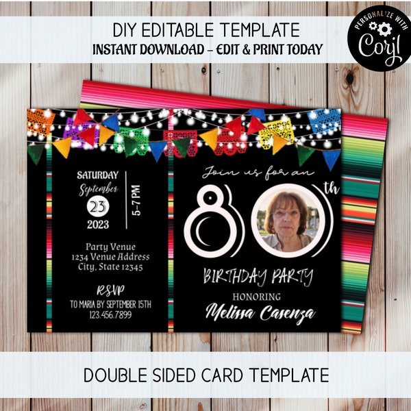 Birthday Party Invitation, Birthday Invitation, 80th birthday, Mexican Photo Invitation, Fiesta Birthday Invite, Mexican Theme, Fiesta Theme