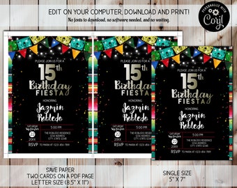 キンセ招待状、キンセアニェーラ招待状、15歳の女の子の誕生日、編集可能な招待状、メキシコのテーマの招待状、フィエスタのテーマ、15歳の誕生日の招待状