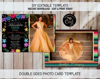 ミス キンセ アノス、15 歳の誕生日の招待状、写真の招待状、ミス キンセの招待状、フィエスタ テーマの招待状、キンセアネーラの招待状、メキシコのテーマの招待状