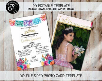 ミス キンセ アノス、15 歳の誕生日の招待状、写真の招待状、ミス キンセの招待状、フィエスタ テーマの招待状、キンセアネーラの招待状、メキシコのテーマの招待状