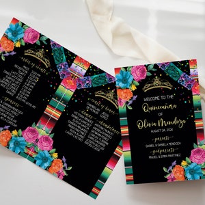 May include: A black and gold Quinceañera invitation with a colorful floral design and a traditional Mexican serape pattern. The invitation includes the text "Welcome to the Quinceañera of Olivia Mendoza, August 24, 2004".