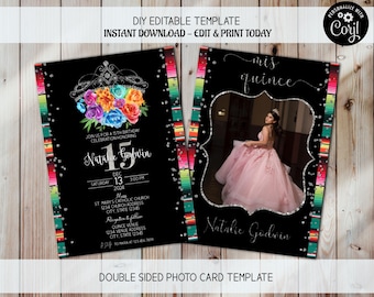 ミス キンセ アノス、15 歳の誕生日の招待状、写真の招待状、ミス キンセの招待状、フィエスタ テーマの招待状、キンセアネーラの招待状、メキシコのテーマの招待状