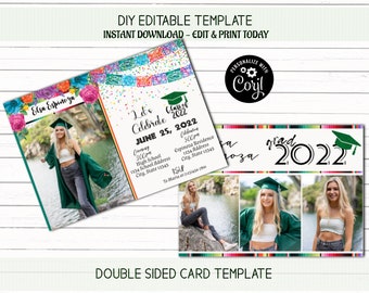 卒業招待状、編集可能なフィエスタ招待状、卒業フィエスタパーティー、卒業発表、写真付き卒業招待状、メキシコテーマの招待状