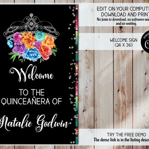 Pode incluir: Um sinal de boas-vindas preto e branco para uma Quinceañera com uma coroa floral colorida e o texto "Bem-vindo à Quinceañera de Natalie Godwin".