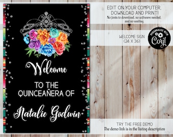 Quince ウェルカム サイン、スクリプト ウェルカム ポスター、即時ダウンロード 24x36、編集可能な誕生日パーティー ウェルカム サイン、15 歳の誕生日レセプション サイン