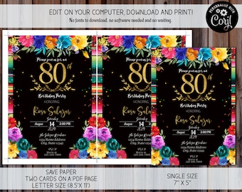 80歳の誕生日招待状、80歳の誕生日、デジタル80歳の誕生日招待状テンプレート、フィエスタテーマ80歳の誕生日招待状、編集可能なテンプレート