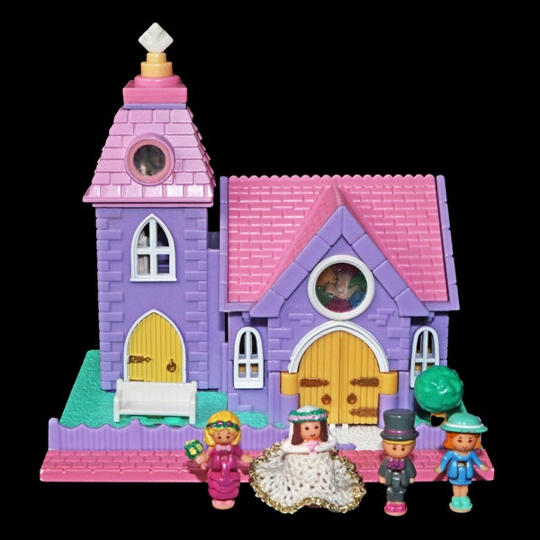 Vintage Polly Pocket Bluebird 1993 Light-Up Wedding Chapel Church, Steeple, Dolls, Crocheted Skirt