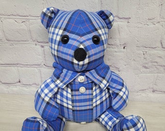 Small 8" memory bear made from a shirt of a loved one who has passed