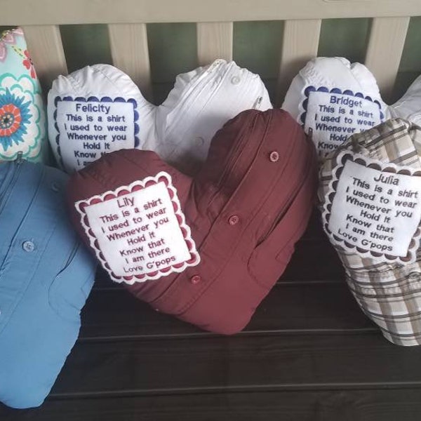 Heart shaped memory pillow made from a loved ones shirt
