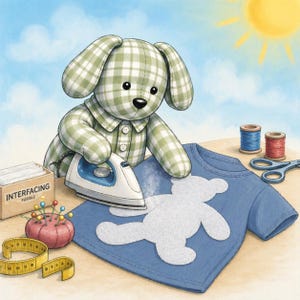 May include: An illustration of a stuffed dog ironing a blue t-shirt with a white bear-shaped applique. The dog is wearing a green and white plaid shirt. Sewing supplies, including thread spools, scissors, and a measuring tape, are on the table.