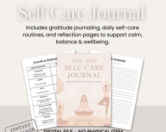Diario de autocuidado 2026-2027 / Planificador de bienestar imprimible / Rutinas diarias de autocuidado y gratitud / Descarga instantánea