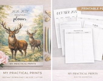 Planificador mensual 2026-2027 / Agenda minimalista de bosque / Planificador de naturaleza de ciervo / Calendario mensual imprimible / Descarga digital A4