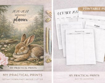 Planificador mensual imprimible 2026-2027 / Agenda minimalista de bosque / Planificador de naturaleza de conejos / Calendario mensual imprimible / Descarga digital A4