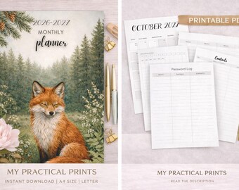 Agenda minimalista de bosque / Agenda de naturaleza edición zorro / Calendario mensual imprimible / Planificador mensual 2026-2027 / Descarga digital A4