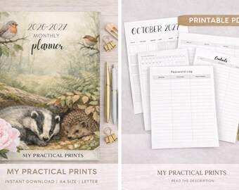 Planificador mensual 2026-2027 / Agenda minimalista de bosque / Planificador de naturaleza salvaje / Calendario mensual imprimible / Descarga digital A4