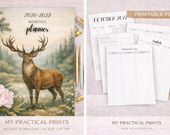 Agenda mensual básica 2026-2027 / Planificador de naturaleza "Ciervo del bosque" / Calendario mensual imprimible / Descarga digital A4