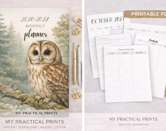 Planificador mensual 2026-2027 / Agenda minimalista de bosque / Planificador de naturaleza de búhos / Calendario mensual imprimible / Descarga digital A4