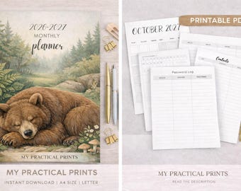 Planificador mensual 2026-2027 / Planificador Woodland Bear / Diario mensual Calm Nature / Descarga digital imprimible A4