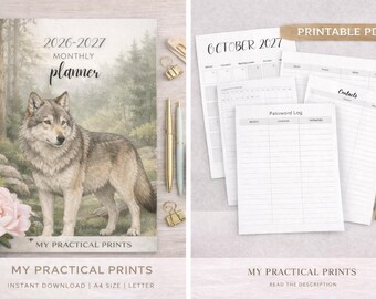 Planificador mensual 2026-2027 / Agenda minimalista de bosque / Planificador de naturaleza de lobos / Calendario mensual imprimible / Descarga digital A4