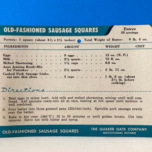 Vintage institutionelle Rezept Karte altmodische Wurst Quadrate Quaker Hafer