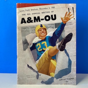 May include: A vintage program for the 45th annual meeting of A&M-OU, held at Lewis Field Stadium on December 2, 1950. The program features a color illustration of a football player wearing a blue and yellow uniform with the number 23 on the front. The program costs 25 cents.