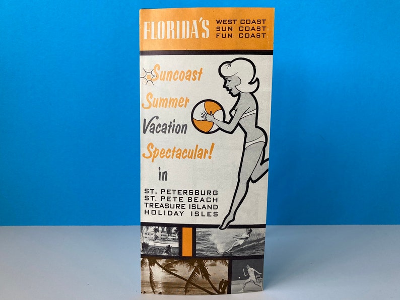 May include: A vintage travel brochure advertising a "Suncoast Summer Vacation Spectacular!" in St. Petersburg, St. Pete Beach, Treasure Island, and Holiday Isles. The brochure features a cartoon woman holding a beach ball and a colorful design.