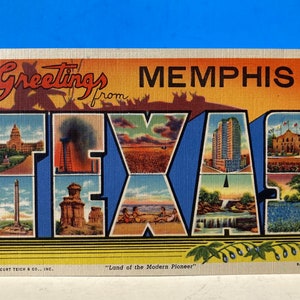Postal de lino con letras grandes Saludos desde Memphis Texas