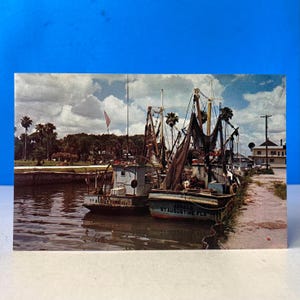 May include: Vintage postcard featuring two fishing boats docked in a harbor. The boats are labeled "St. Augustine, Fla." and "Angela St. Augustine Fla." The image has a retro aesthetic with a cloudy sky and palm trees in the background.
