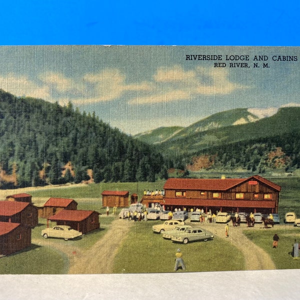 Riverside Lodge and Cabins Red River Linen Postcard