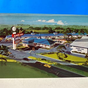May include: Vintage postcard featuring an illustration of the Albert Pick Motel. The motel has a mid-century modern design with a sign that reads "Albert Pick Motel". The postcard depicts a blue sky, green grass, and several cars.