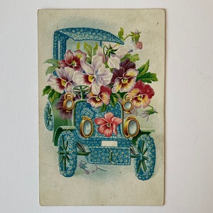 Cartão Postal Carro Flor em Relevo Vintage