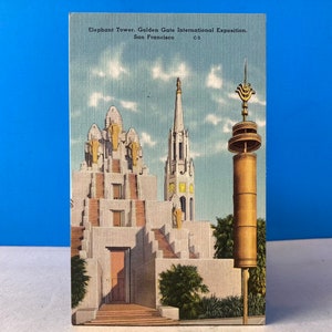 Cartão Postal De Linho Exposição Internacional Elephant Tower Golden Gate
