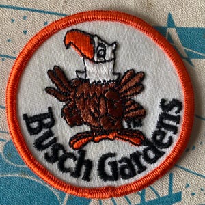 May include: A circular embroidered patch with a white background and a bright orange stitched border. The centre features a cartoon eagle with a white head, orange beak, and brown body. The black text Busch Gardens is stitched below the eagle.