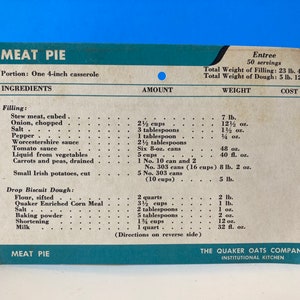 Cartão de receita institucional vintage de aveia Quaker Torta de carne