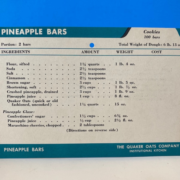 Quaker Oats Vintage Institutional Recipe Card Pineapple Bars