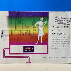 May include: Vintage advertisement for O'Brien Paints. The image features a woman in a dress holding a booklet, with a colorful gradient background. Text includes "What is your color category?" and "Find your favorite color inside!"