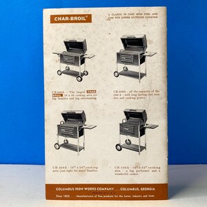 May include: Vintage Char-Broil advertisement featuring four models of outdoor cooking grills. The brochure has a brown and white color scheme, with text describing the grills' features and dimensions. The grills are shown with their lids open.