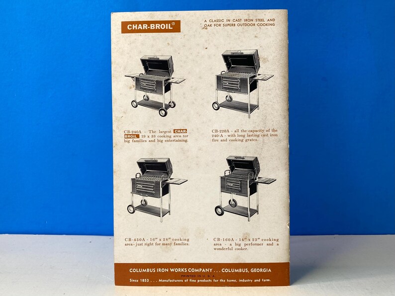 May include: Vintage Char-Broil advertisement featuring four models of outdoor cooking grills. The brochure has a brown and white color scheme, with text describing the grills' features and dimensions. The grills are shown with their lids open.