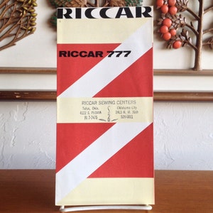May include: A red and white striped brochure with the text "RICCAR 777" in black. The brochure advertises RICCAR sewing centers in Tulsa and Oklahoma City, Oklahoma.