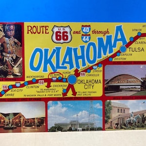 May include: Vintage Oklahoma postcard featuring Route 66 and various Oklahoma landmarks. The postcard includes images of a Native American child, a bridge, and other buildings. The text "Oklahoma" is prominently displayed.