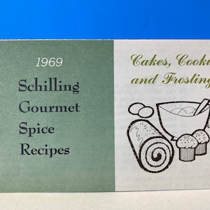 1969 Schilling Gourmet Spice Recipes Card Cakes Cookies and Frostings