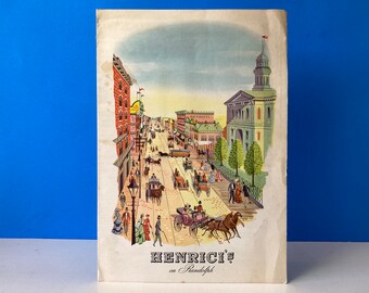 May include: A vintage menu for Henrici's on Randolph, a restaurant in Chicago, Illinois. The menu features a colorful illustration of a bustling street scene with horse-drawn carriages, pedestrians, and buildings.