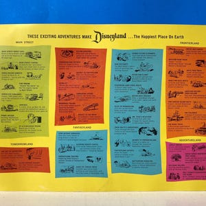 May include: A vintage Disneyland park map with a yellow background and colorful sections for each land. The map lists attractions like Main Street, Frontierland, Fantasyland, Adventureland, and Tomorrowland. The text "These exciting adventures make Disneyland... The Happiest Place On Earth" is at the top of the map.