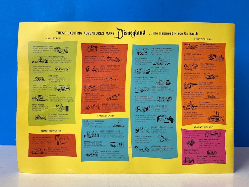 May include: A vintage Disneyland park map with a yellow background and colorful sections for each land. The map lists attractions like Main Street, Frontierland, Fantasyland, Adventureland, and Tomorrowland. The text "These exciting adventures make Disneyland... The Happiest Place On Earth" is at the top of the map.
