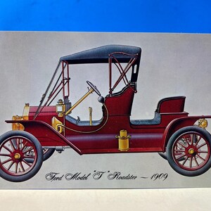 May include: Illustration of a vintage Ford Model T Roadster from 1909. The car is a deep red with black accents, including the roof and seats. The wheels are red with black tires. The image has a vintage aesthetic.