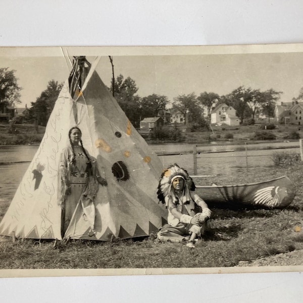 Native Americans Tipi and Canoe Oklahoma RPPC Postcard